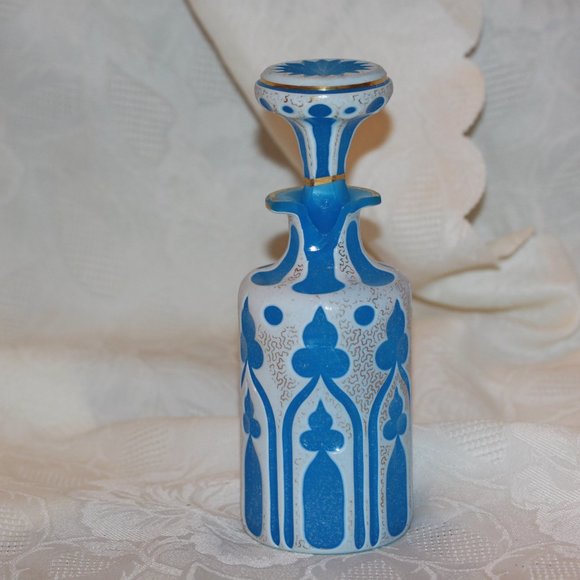 Antique Czech Bohemian Cased Glass Cut to Blue